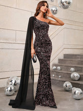 One Shoulder Contrast Mesh Cloak Sleeve Sequins Prom Dress